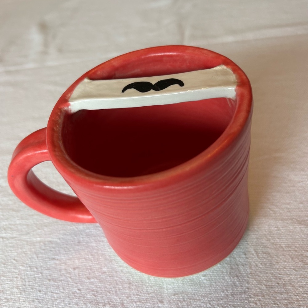 Mustache Mug Handmade Pottery Signed Pink And Black Protect Your 'Stashe! 4 Inch
